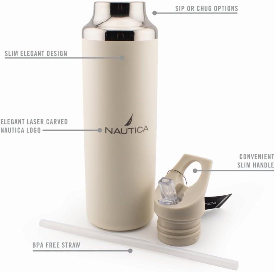 imageNautica Insulated 21oz Sleek Stainless Steel Water Bottle with Flip Lid Straw Leakproof BPAFree Wide Mouth Keeps Drinks Hot or Cold Sports Bottle Ideal for Gym Hiking and Travel BLACKTaupe