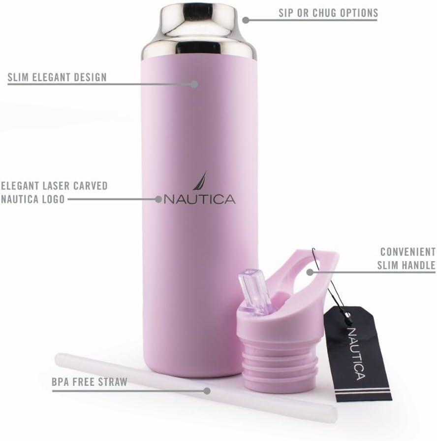 imageNautica Insulated 21oz Sleek Stainless Steel Water Bottle with Flip Lid Straw Leakproof BPAFree Wide Mouth Keeps Drinks Hot or Cold Sports Bottle Ideal for Gym Hiking and Travel BLACKPASTEL PINK