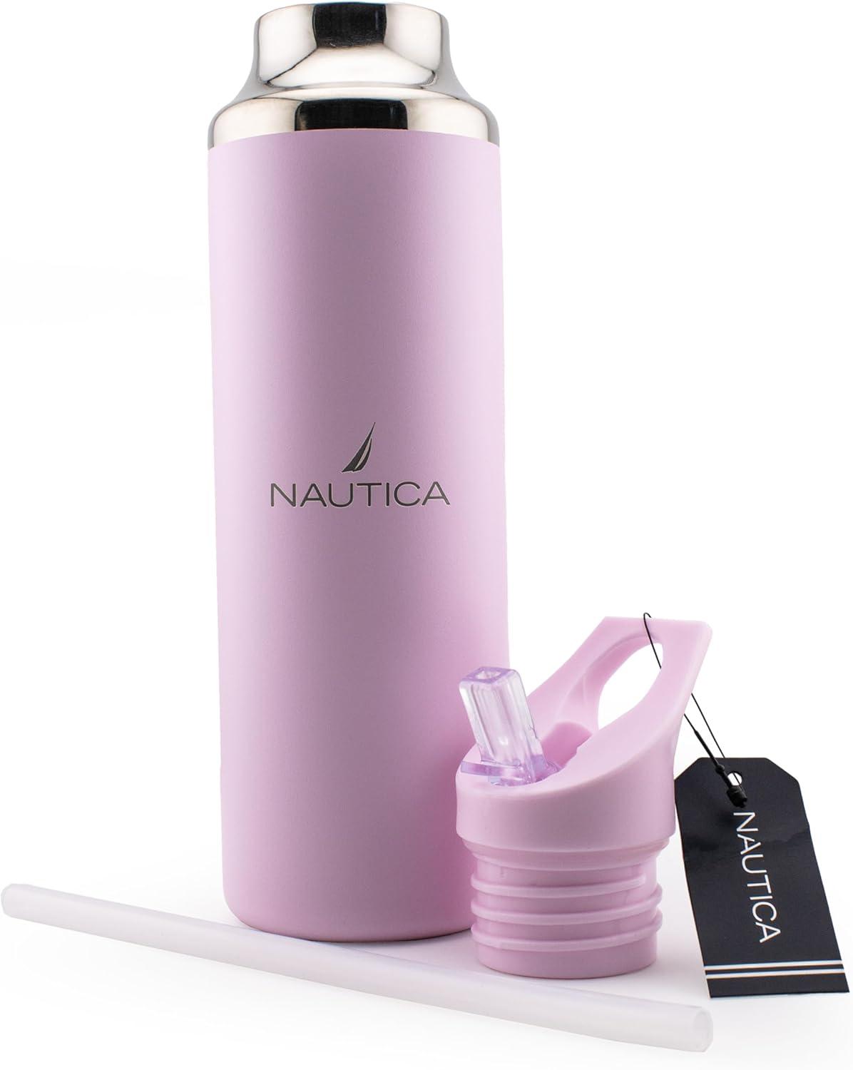 imageNautica Insulated 21oz Sleek Stainless Steel Water Bottle with Flip Lid Straw Leakproof BPAFree Wide Mouth Keeps Drinks Hot or Cold Sports Bottle Ideal for Gym Hiking and Travel BLACKPASTEL PINK