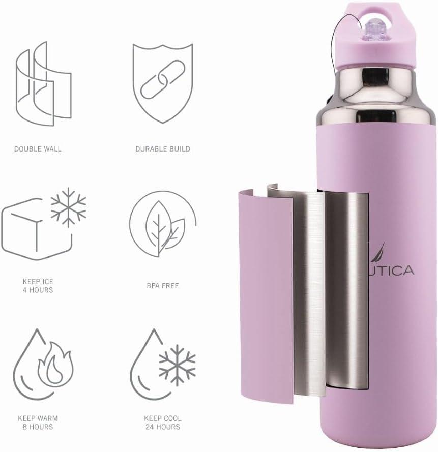 imageNautica Insulated 21oz Sleek Stainless Steel Water Bottle with Flip Lid Straw Leakproof BPAFree Wide Mouth Keeps Drinks Hot or Cold Sports Bottle Ideal for Gym Hiking and Travel BLACKPASTEL PINK