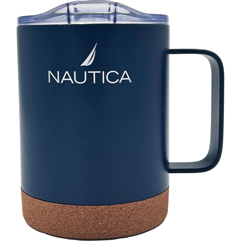 imageNAUTICA Insulated 12 oz Stainless Steel Mug with SpillResistant Lid amp Cork Base Hot or cold beverages Light GreyNavy