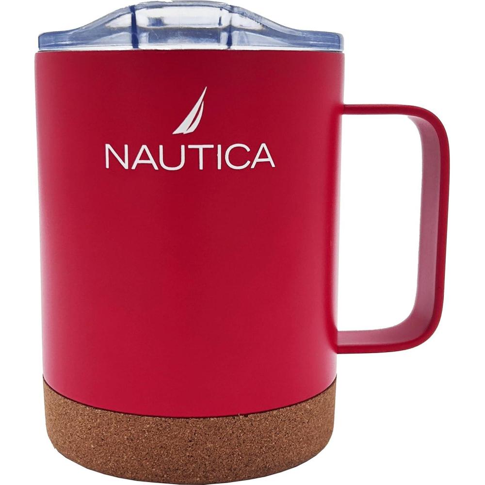 imageNAUTICA Insulated 12 oz Stainless Steel Mug with SpillResistant Lid amp Cork Base Hot or cold beverages Light GreyRed