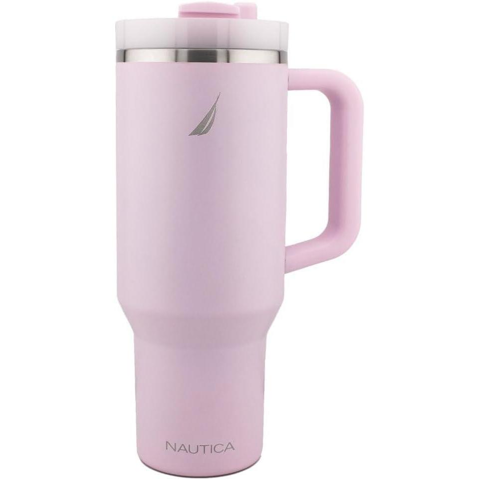 imageNautica 40 oz Large Insulated Tumbler with Handle amp Straw with screw on cap Reusable Water Bottle Stainless Steel Travel Mug for Hot Cold or Iced Drink BPAFree Fits Car Cup Holders Nova BluePink
