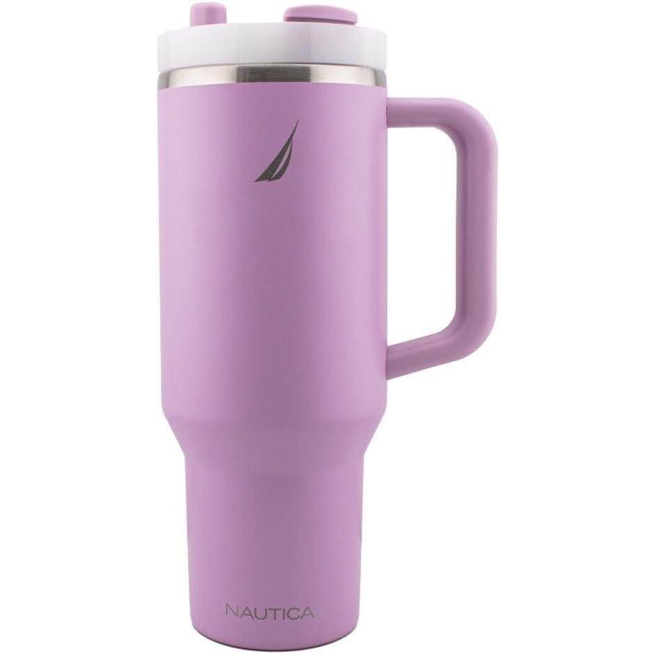 imageNautica 40 oz Large Insulated Tumbler with Handle amp Straw with screw on cap Reusable Water Bottle Stainless Steel Travel Mug for Hot Cold or Iced Drink BPAFree Fits Car Cup Holders Nova BlueViolet