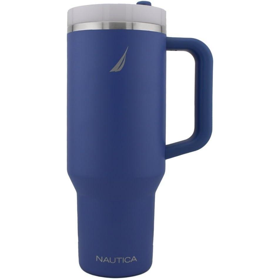 imageNautica 40 oz Large Insulated Tumbler with Handle amp Straw with screw on cap Reusable Water Bottle Stainless Steel Travel Mug for Hot Cold or Iced Drink BPAFree Fits Car Cup Holders Nova BlueNova Blue