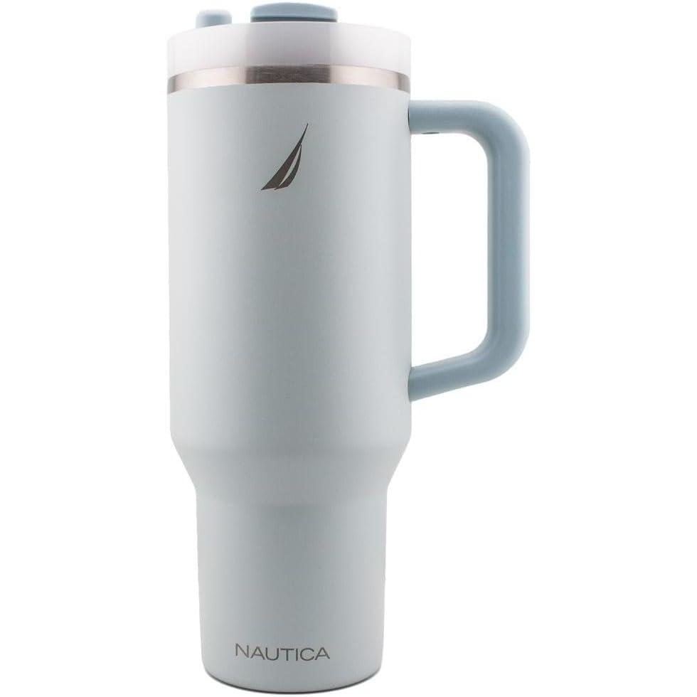 imageNautica 40 oz Large Insulated Tumbler with Handle amp Straw with screw on cap Reusable Water Bottle Stainless Steel Travel Mug for Hot Cold or Iced Drink BPAFree Fits Car Cup Holders Nova BlueLight Blue