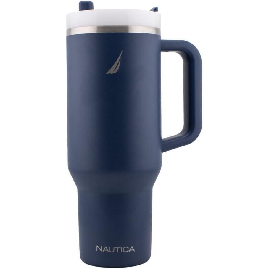 imageNautica 40 oz Large Insulated Tumbler with Handle amp Straw with screw on cap Reusable Water Bottle Stainless Steel Travel Mug for Hot Cold or Iced Drink BPAFree Fits Car Cup Holders Nova BlueNavy