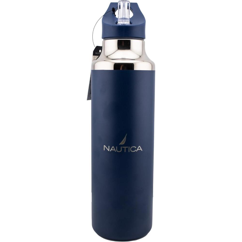 imageNautica Insulated 21oz Sleek Stainless Steel Water Bottle with Flip Lid Straw Leakproof BPAFree Wide Mouth Keeps Drinks Hot or Cold Sports Bottle Ideal for Gym Hiking and Travel BLACKNavy