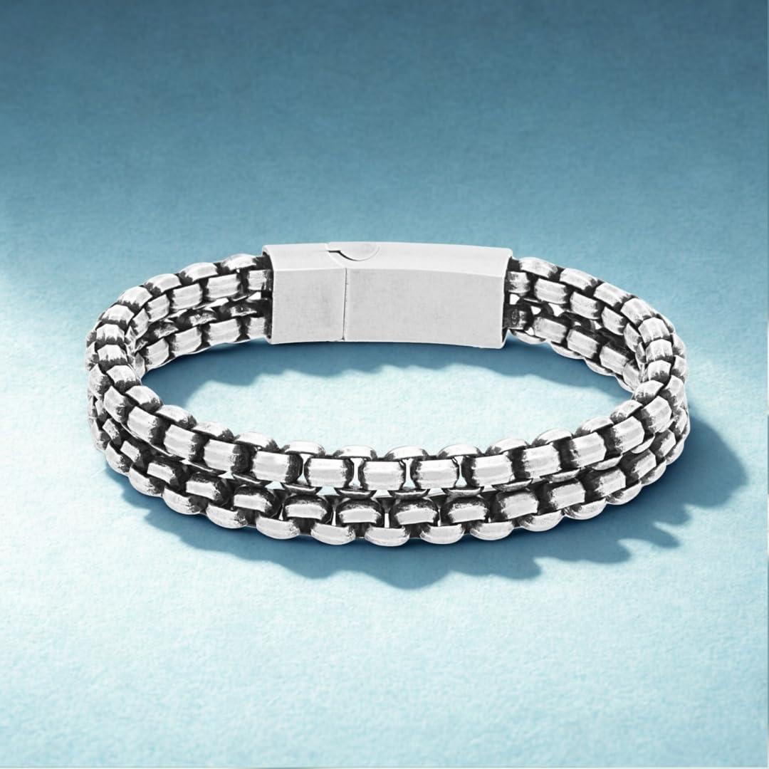 imageNautica 11 mm Double Row Box Chain Bracelet for Men Oxidized Stainless Steel 85 Inches