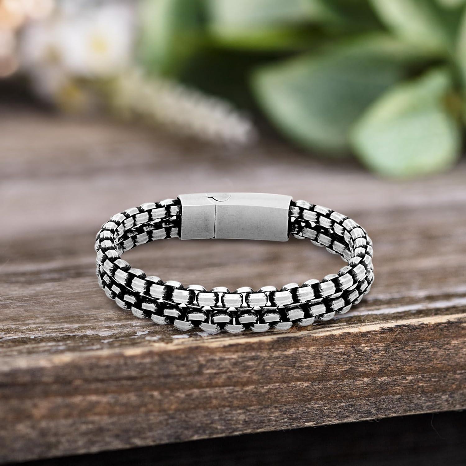 imageNautica 11 mm Double Row Box Chain Bracelet for Men Oxidized Stainless Steel 85 Inches