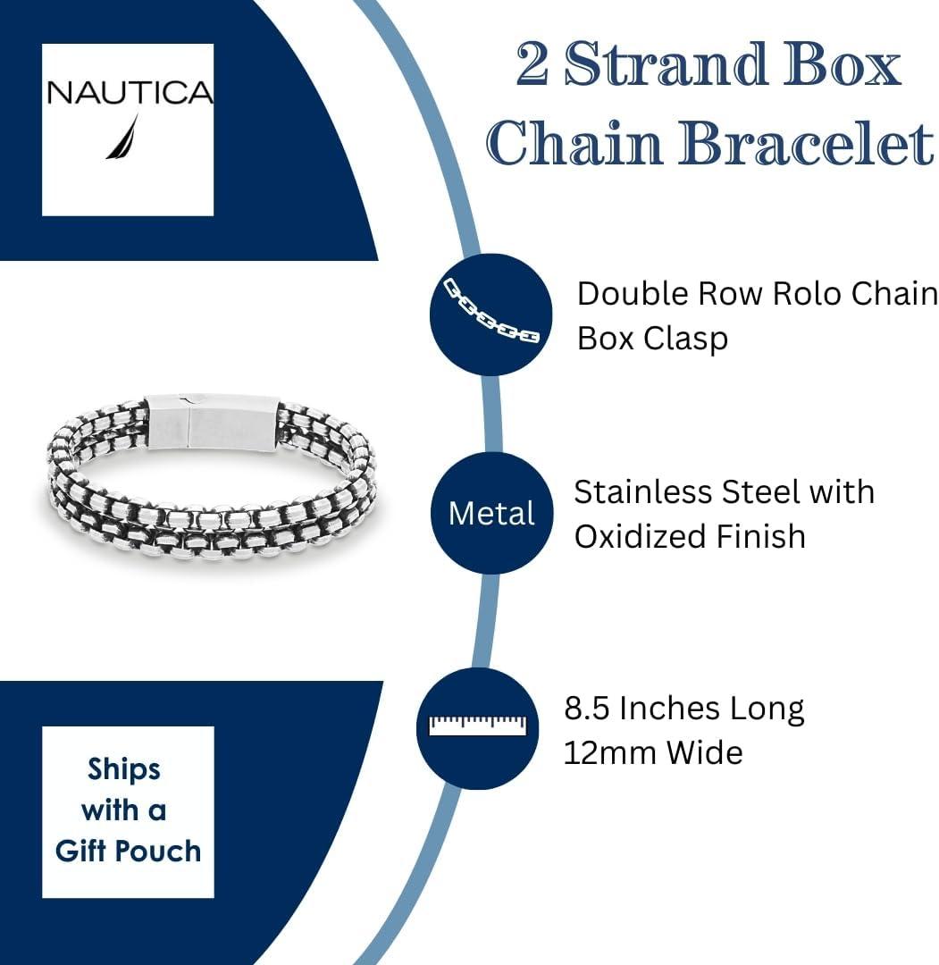 imageNautica 11 mm Double Row Box Chain Bracelet for Men Oxidized Stainless Steel 85 Inches