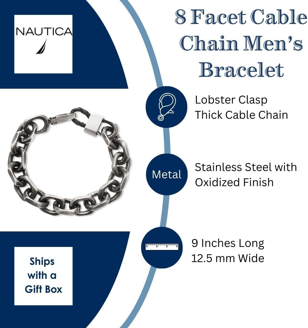imageNautica 125 mm Cable Chain Bracelet for Men Oxidized Stainless Steel 9 Inches