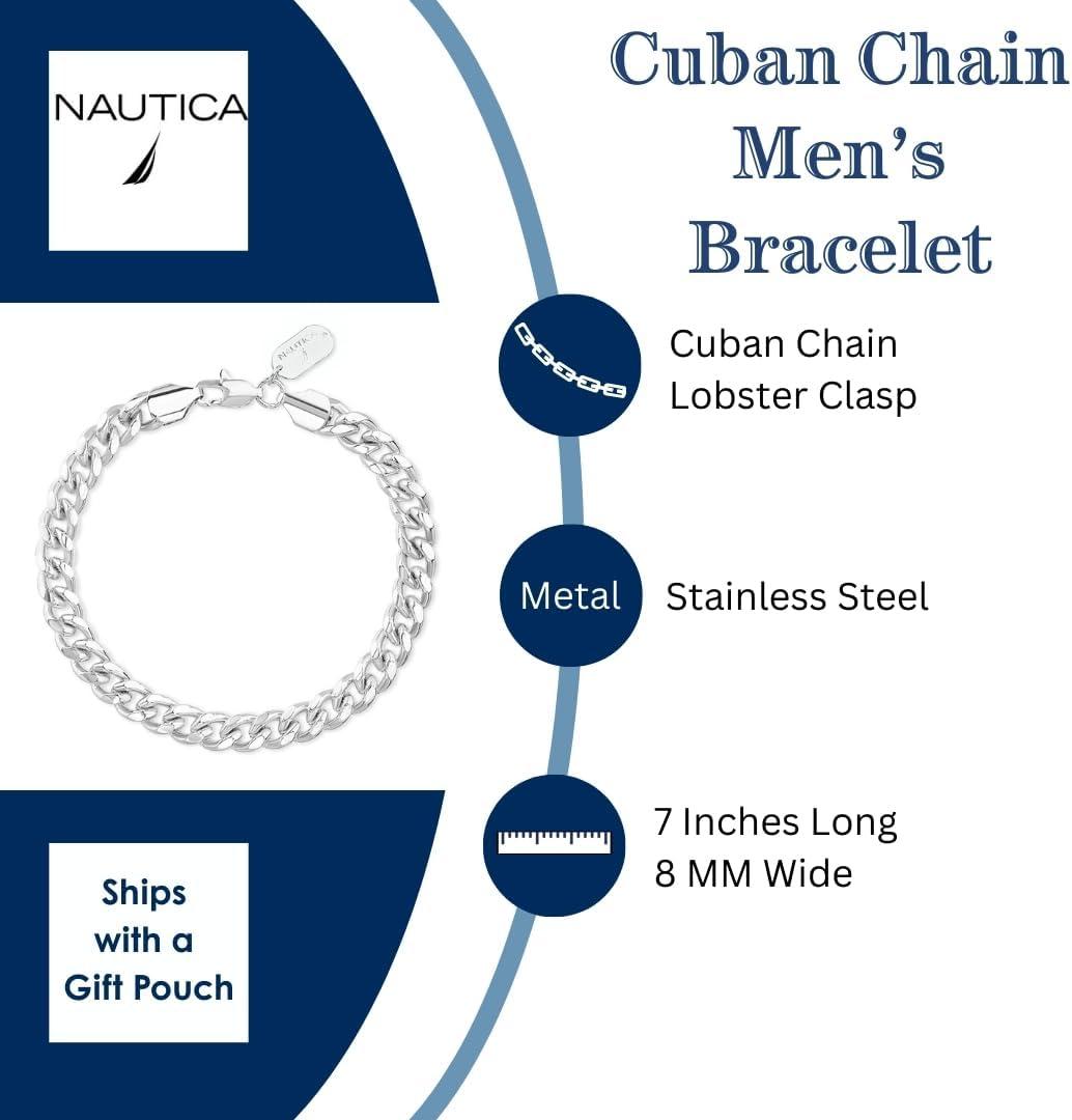 imageNautica 8 mm Cuban Chain Bracelet for Men Stainless Steel 7 Inches
