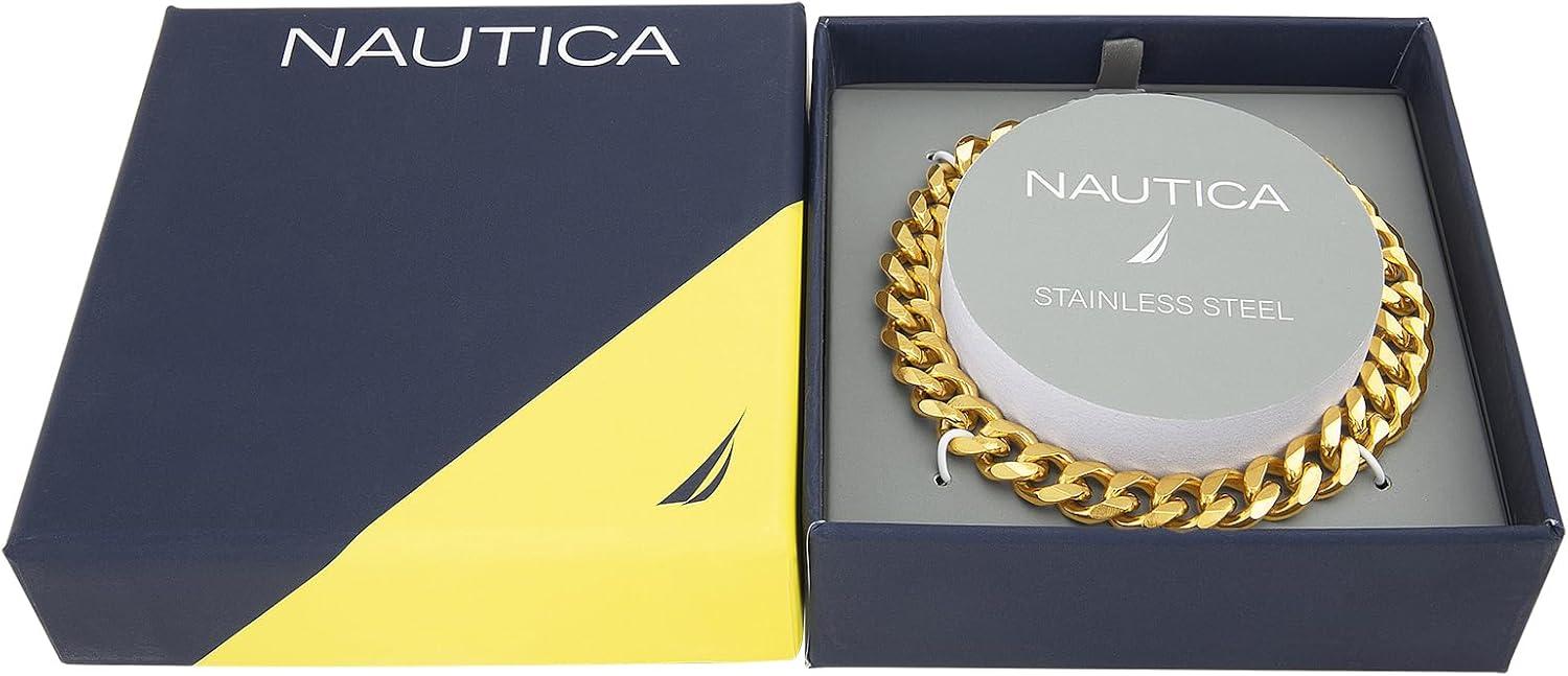 imageNautica 9 mm Curb Chain Bracelet for Men 14K Yellow Gold IP Plated Stainless Steel 85 Inches