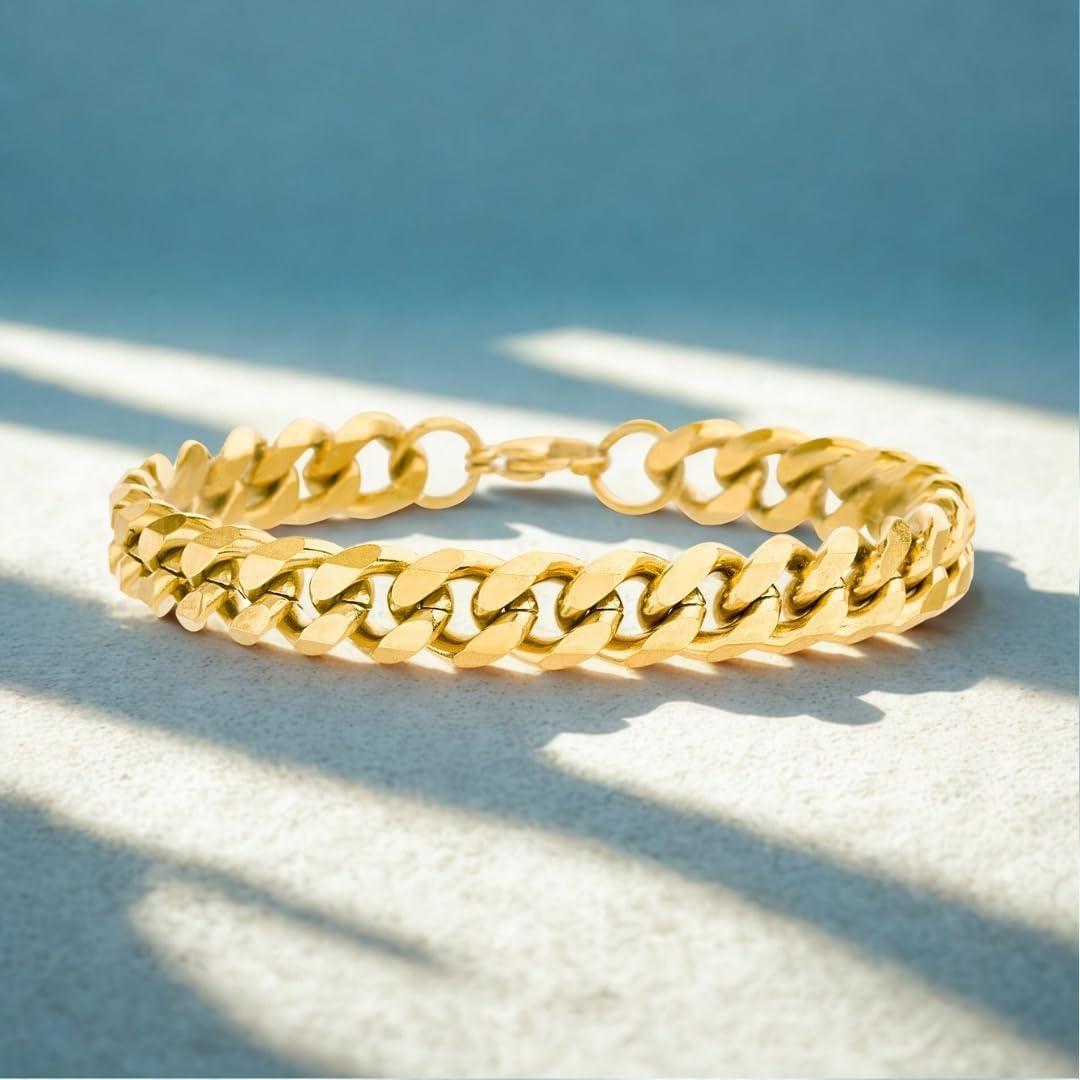 imageNautica 9 mm Curb Chain Bracelet for Men 14K Yellow Gold IP Plated Stainless Steel 85 Inches