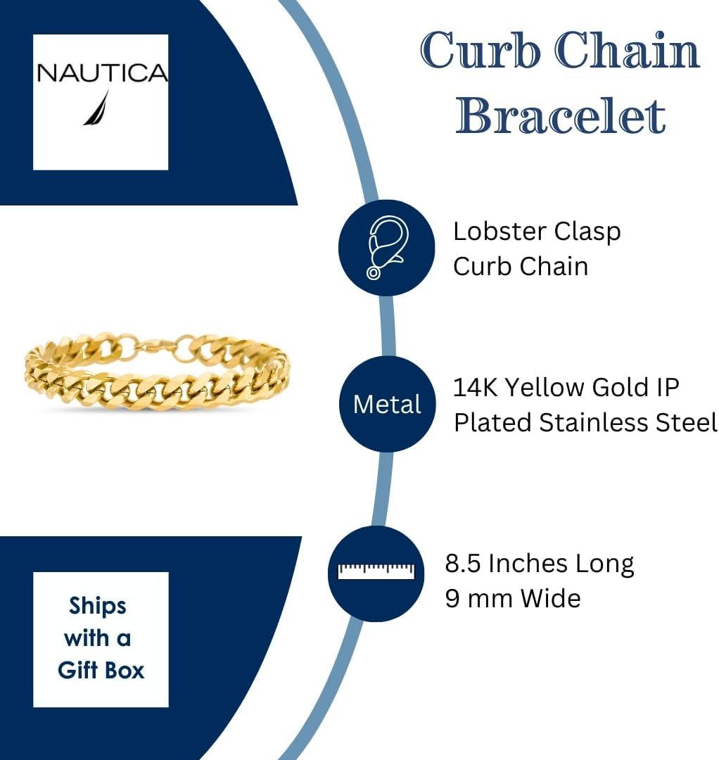 imageNautica 9 mm Curb Chain Bracelet for Men 14K Yellow Gold IP Plated Stainless Steel 85 Inches
