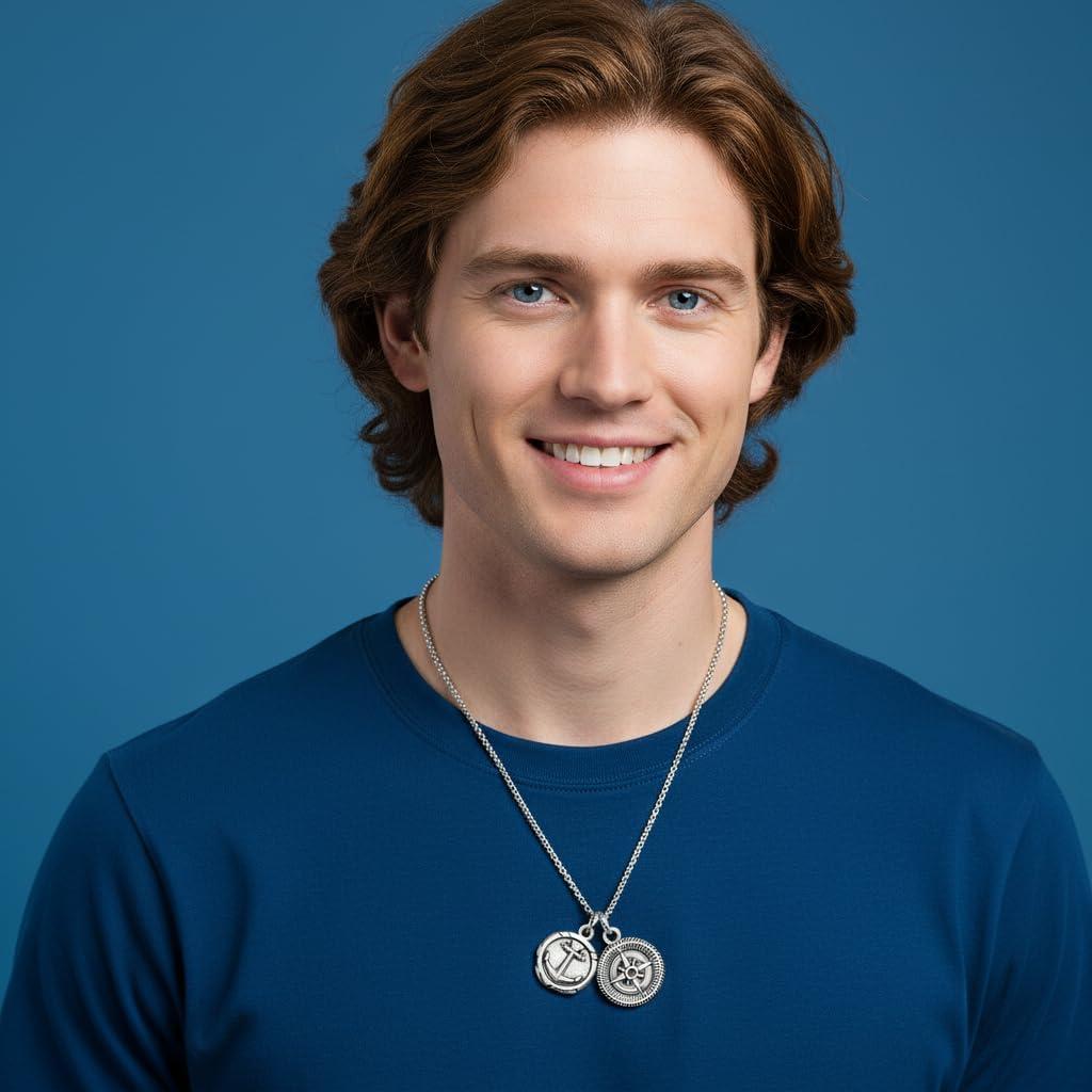 imageNautica Anchor Compass Charm Necklace for Men Oxidized Stainless Steel 28 Inches