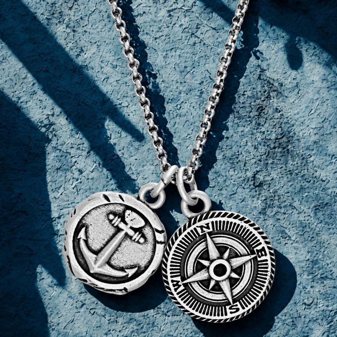 imageNautica Anchor Compass Charm Necklace for Men Oxidized Stainless Steel 28 Inches