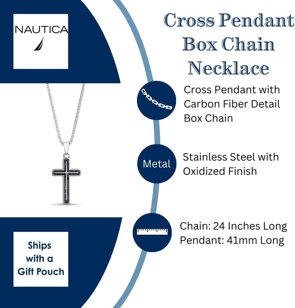 imageNautica Blue Carbon Fiber Black Cross Necklace for Men Stainless Steel 24 Inches