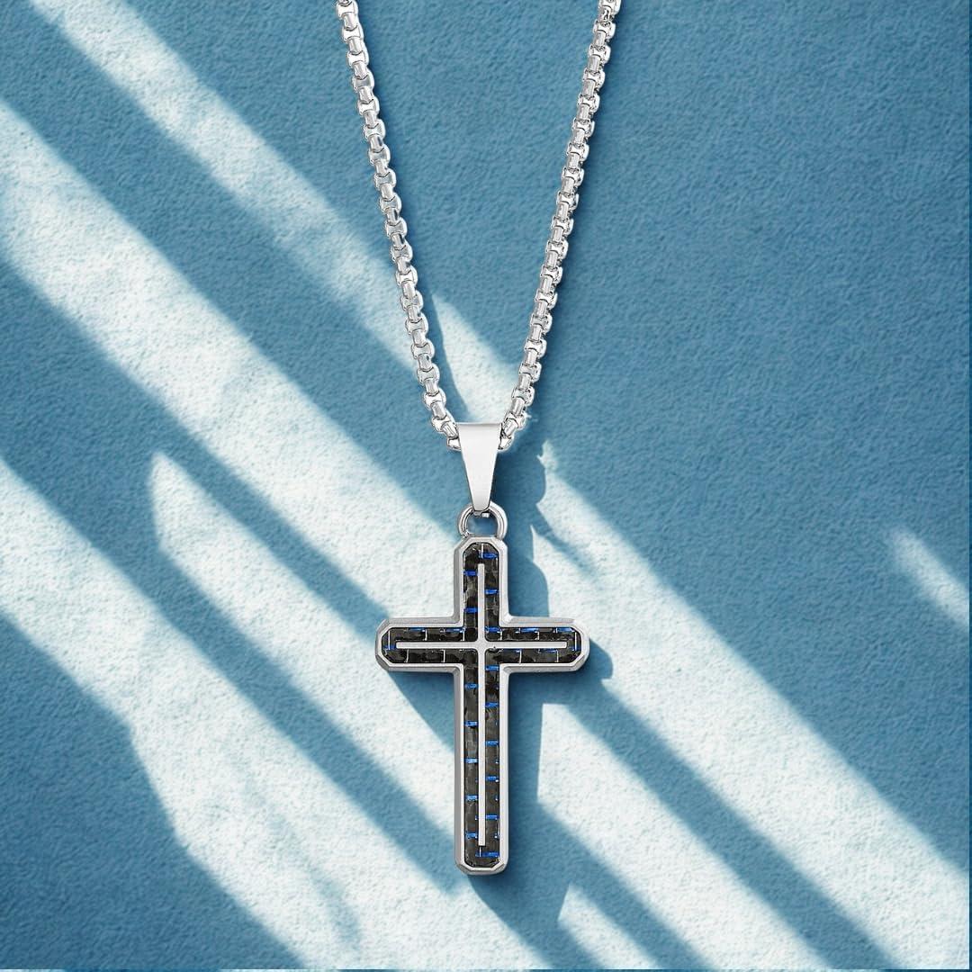 imageNautica Blue Carbon Fiber Black Cross Necklace for Men Stainless Steel 24 Inches