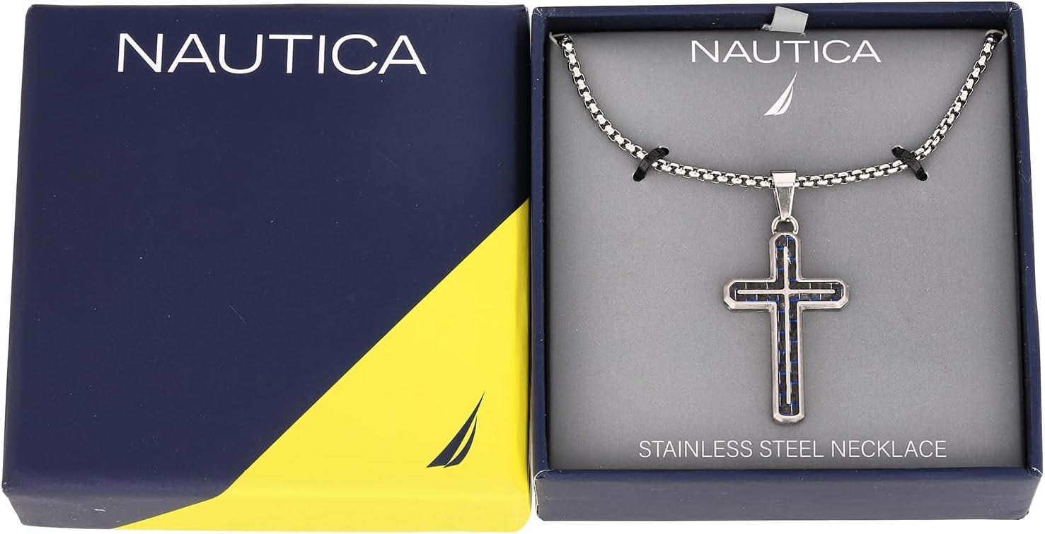 imageNautica Blue Carbon Fiber Black Cross Necklace for Men Stainless Steel 24 Inches