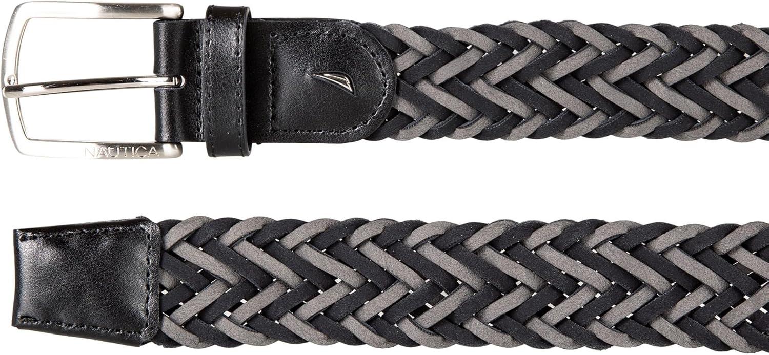 imageNautica Mens Casual Leather Belt Everyday Classic Pants Jeans Khakis Chinos Metal BuckleBraided Two Tone BlackGrey