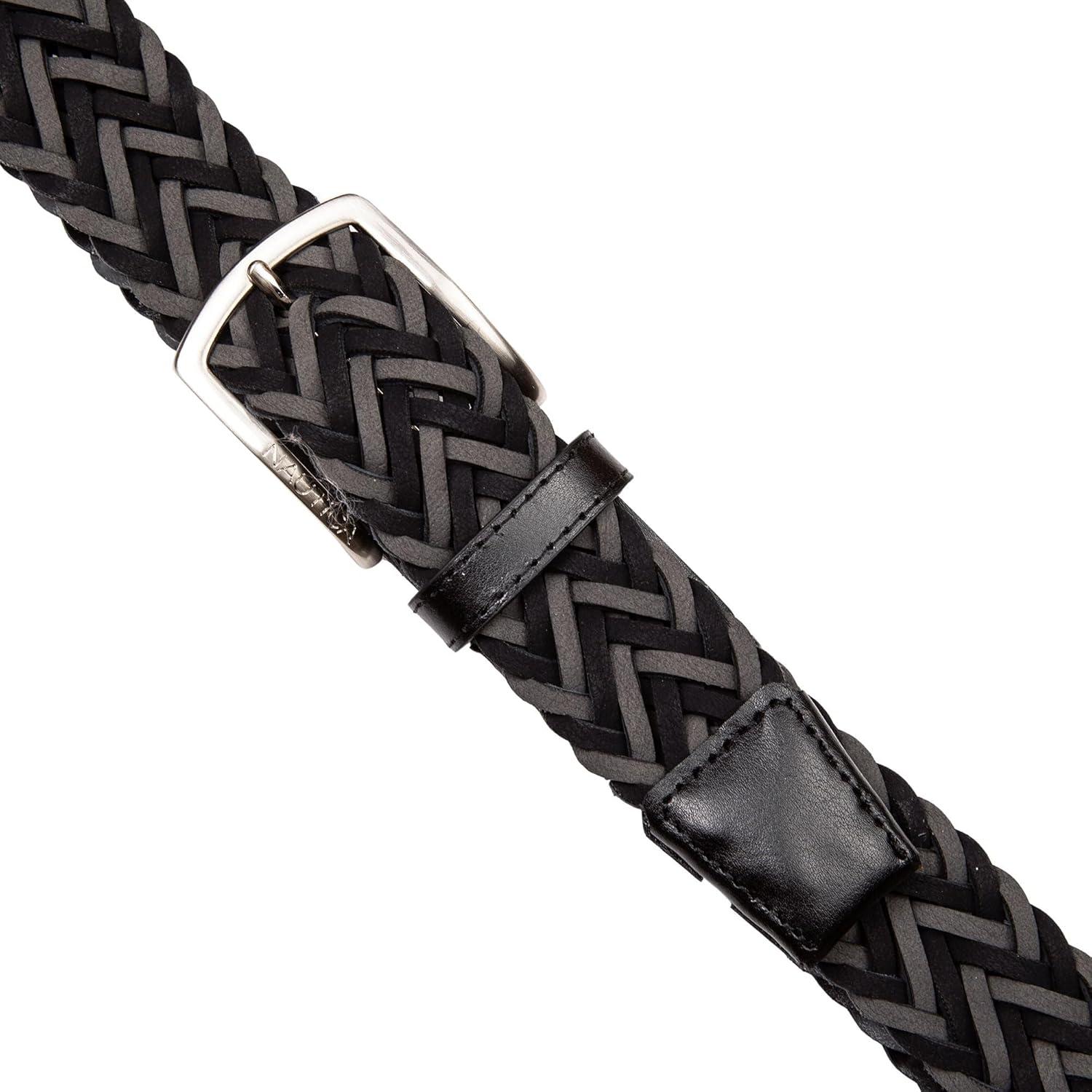 imageNautica Mens Casual Leather Belt Everyday Classic Pants Jeans Khakis Chinos Metal BuckleBraided Two Tone BlackGrey