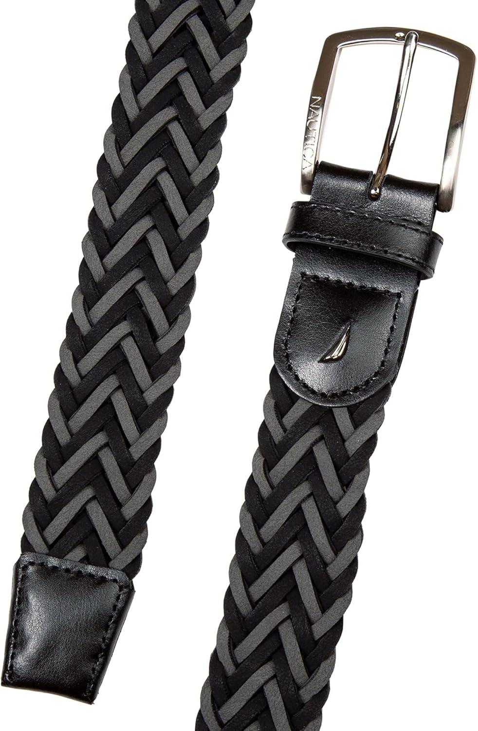 imageNautica Mens Casual Leather Belt Everyday Classic Pants Jeans Khakis Chinos Metal BuckleBraided Two Tone BlackGrey