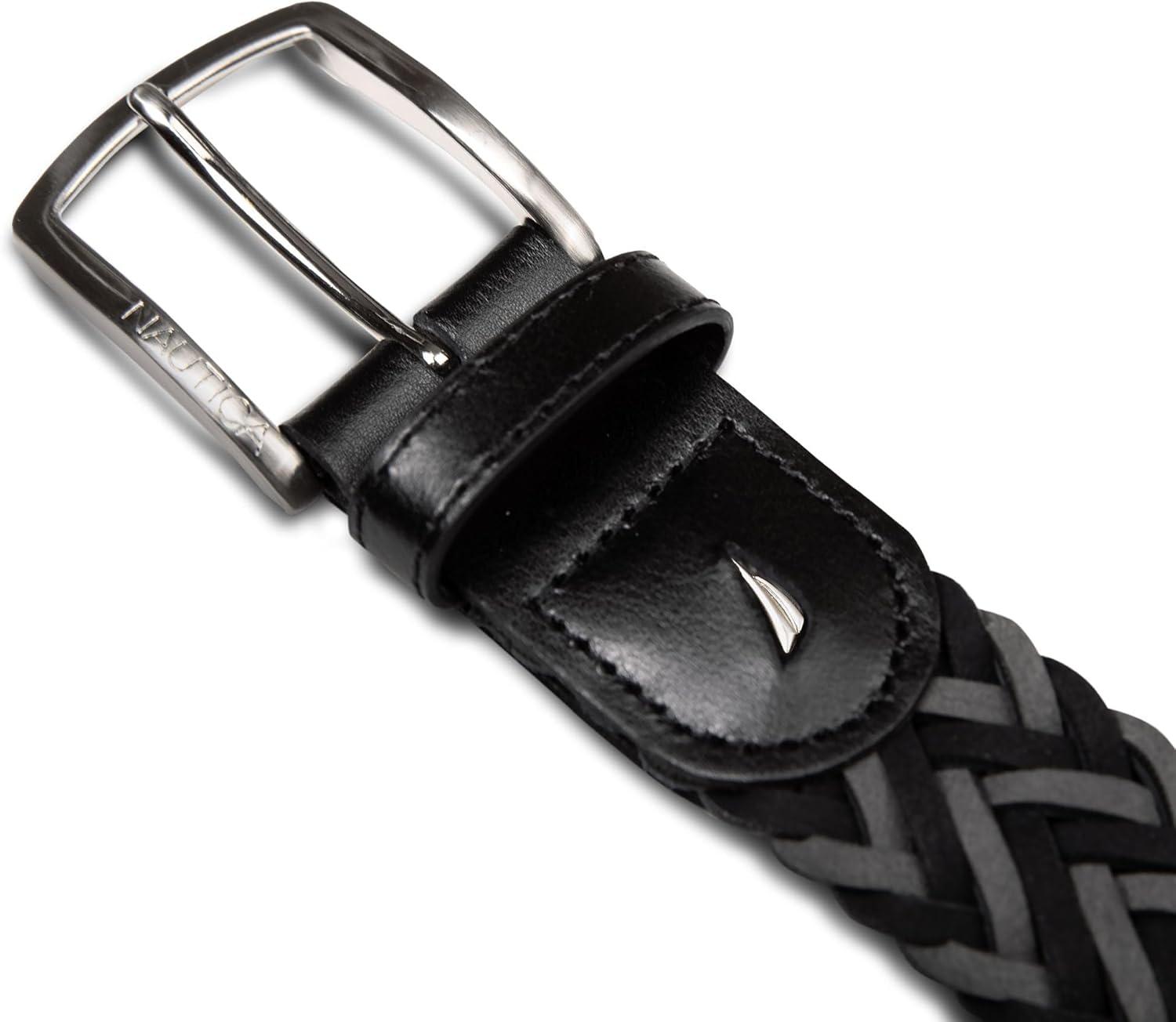 imageNautica Mens Casual Leather Belt Everyday Classic Pants Jeans Khakis Chinos Metal BuckleBraided Two Tone BlackGrey