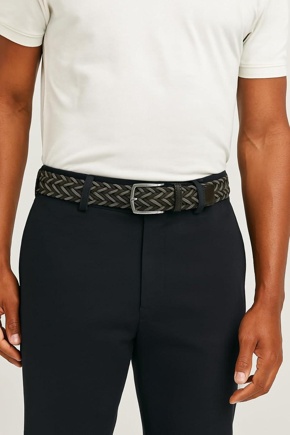 imageNautica Mens Casual Leather Belt Everyday Classic Pants Jeans Khakis Chinos Metal BuckleBraided Two Tone BlackGrey