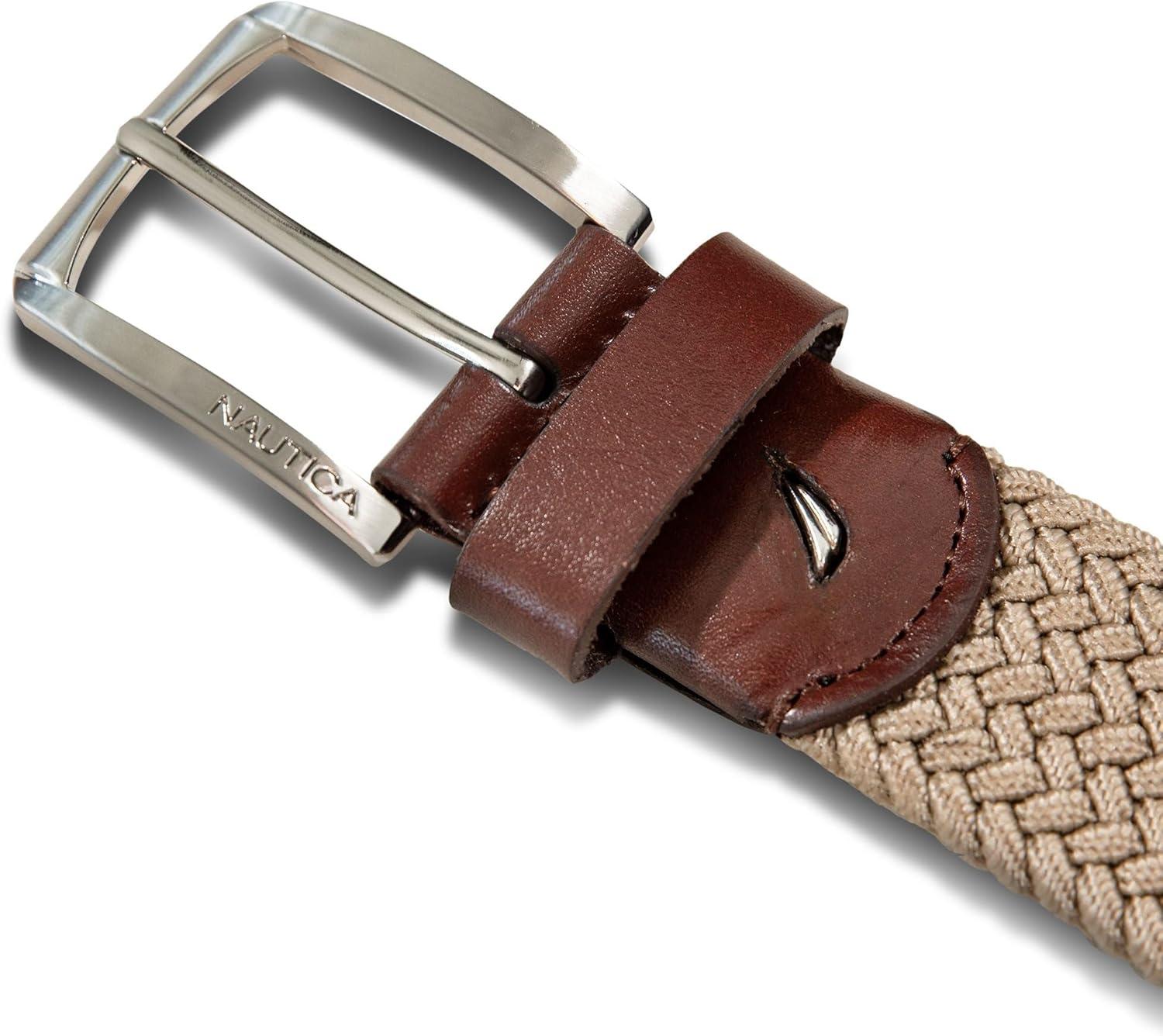 imageNautica Mens Casual Leather Belt Everyday Classic Pants Jeans Khakis Chinos Metal BuckleBraided Webbing Khaki