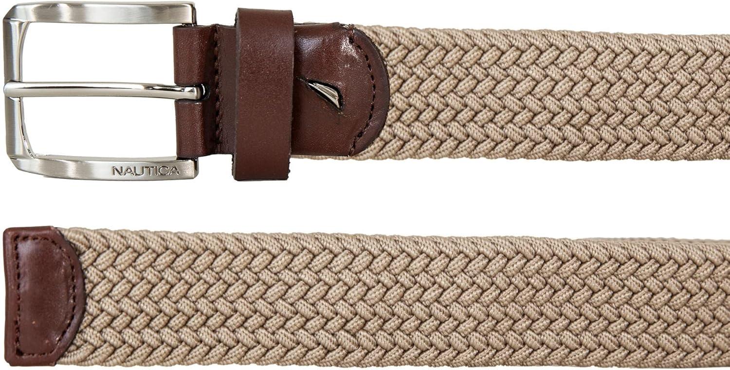 imageNautica Mens Casual Leather Belt Everyday Classic Pants Jeans Khakis Chinos Metal BuckleBraided Webbing Khaki