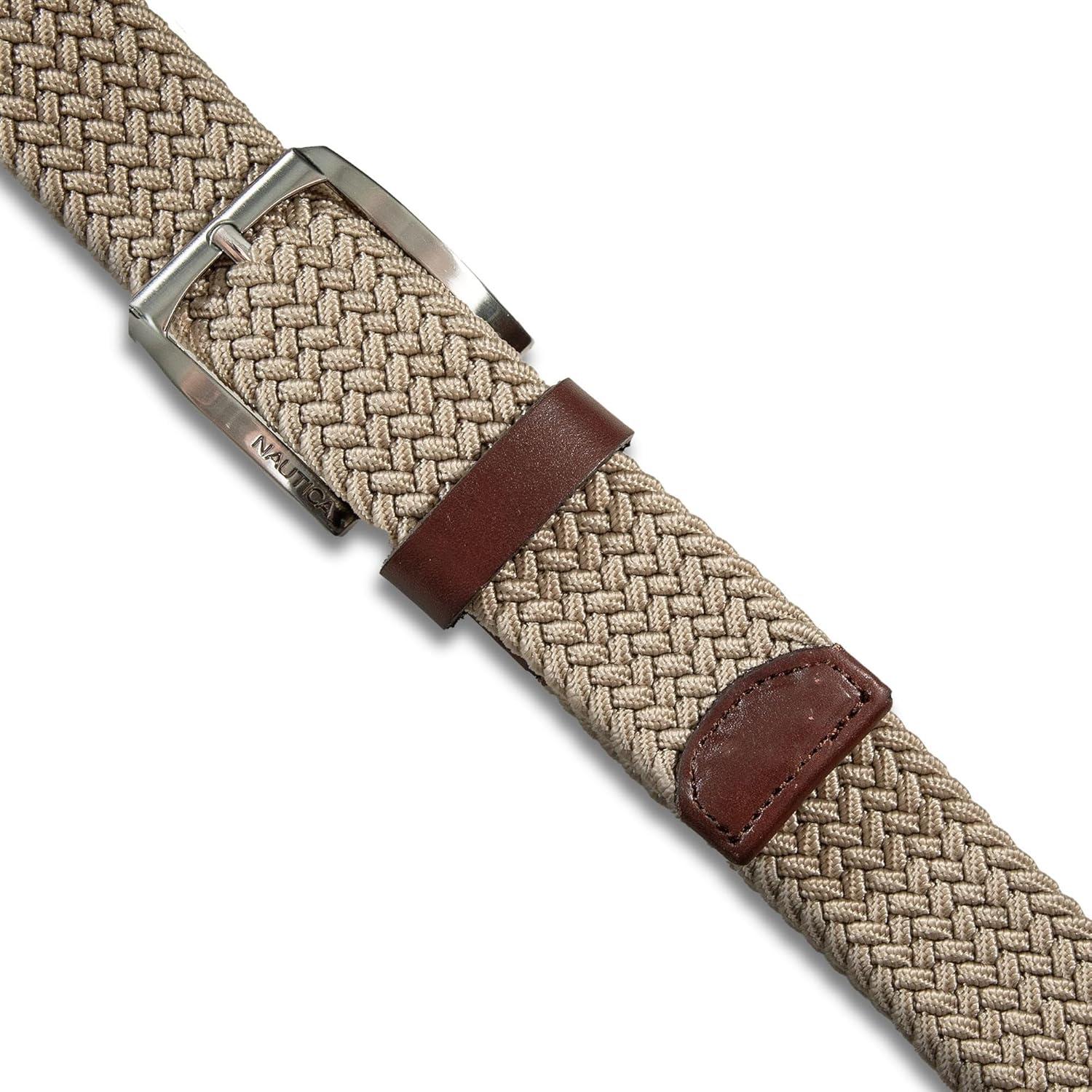 imageNautica Mens Casual Leather Belt Everyday Classic Pants Jeans Khakis Chinos Metal BuckleBraided Webbing Khaki