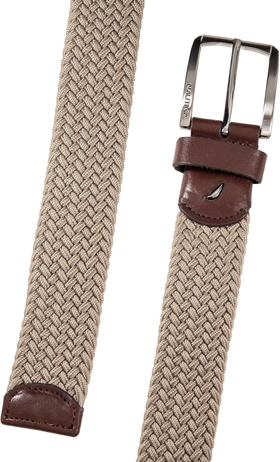 imageNautica Mens Casual Leather Belt Everyday Classic Pants Jeans Khakis Chinos Metal BuckleBraided Webbing Khaki