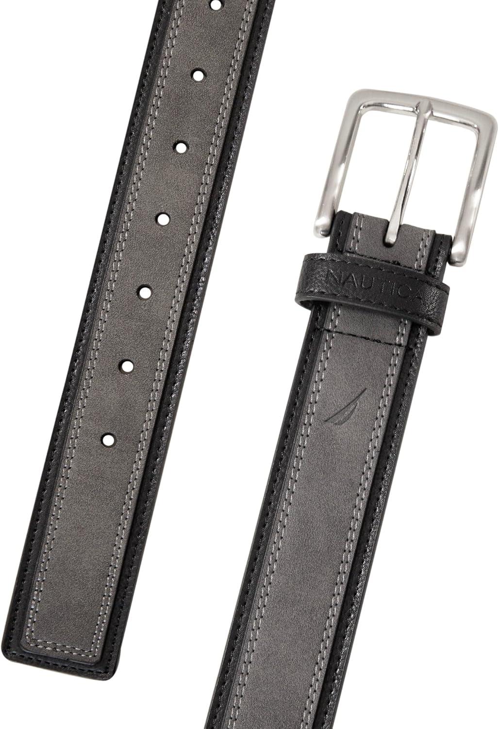 imageNautica Mens Casual Leather Belt Everyday Classic Pants Jeans Khakis Chinos Metal BuckleCasual Overlay Grey