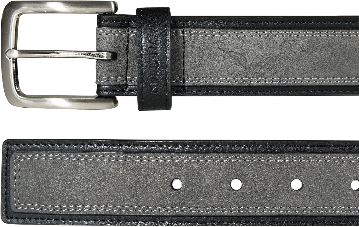imageNautica Mens Casual Leather Belt Everyday Classic Pants Jeans Khakis Chinos Metal BuckleCasual Overlay Grey