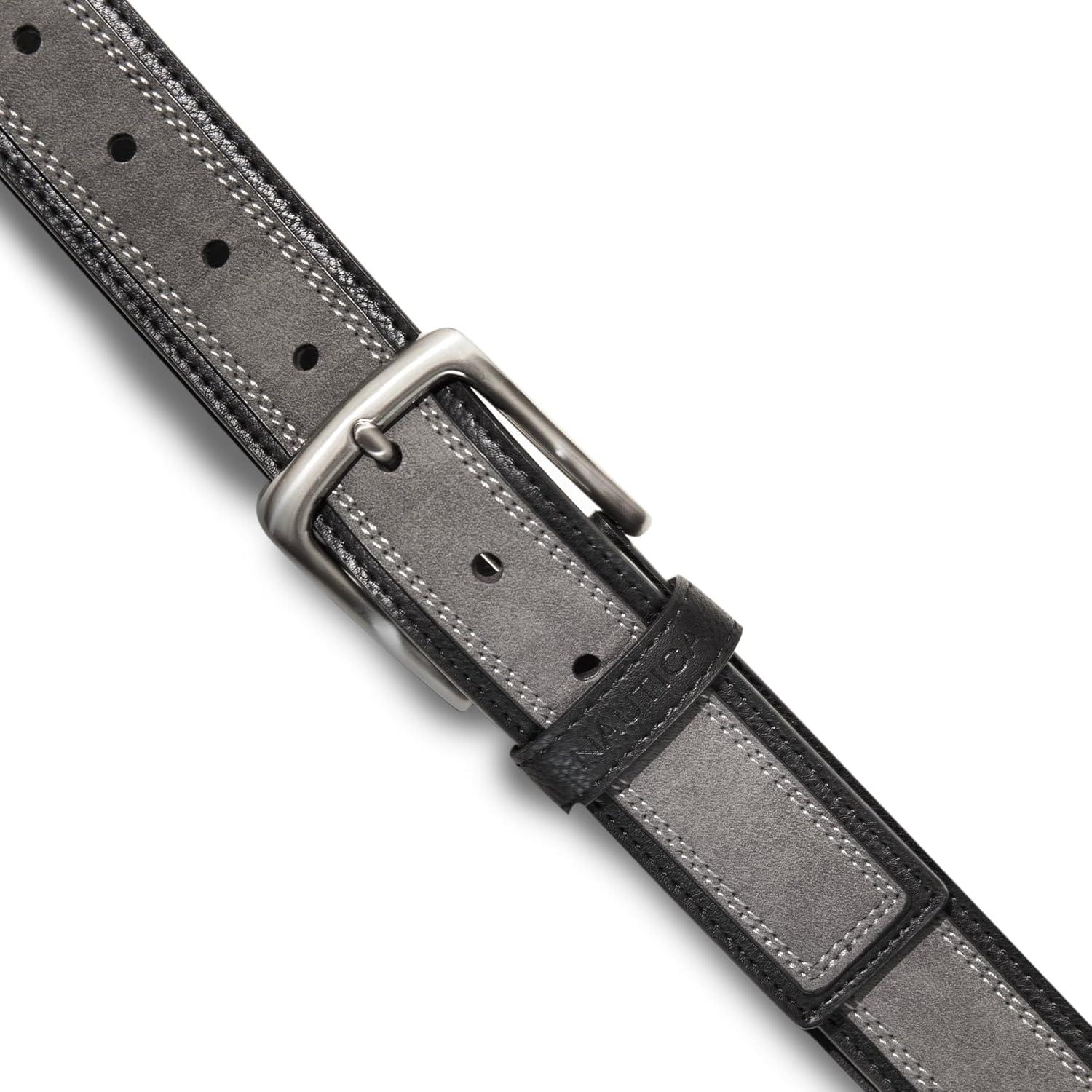 imageNautica Mens Casual Leather Belt Everyday Classic Pants Jeans Khakis Chinos Metal BuckleCasual Overlay Grey