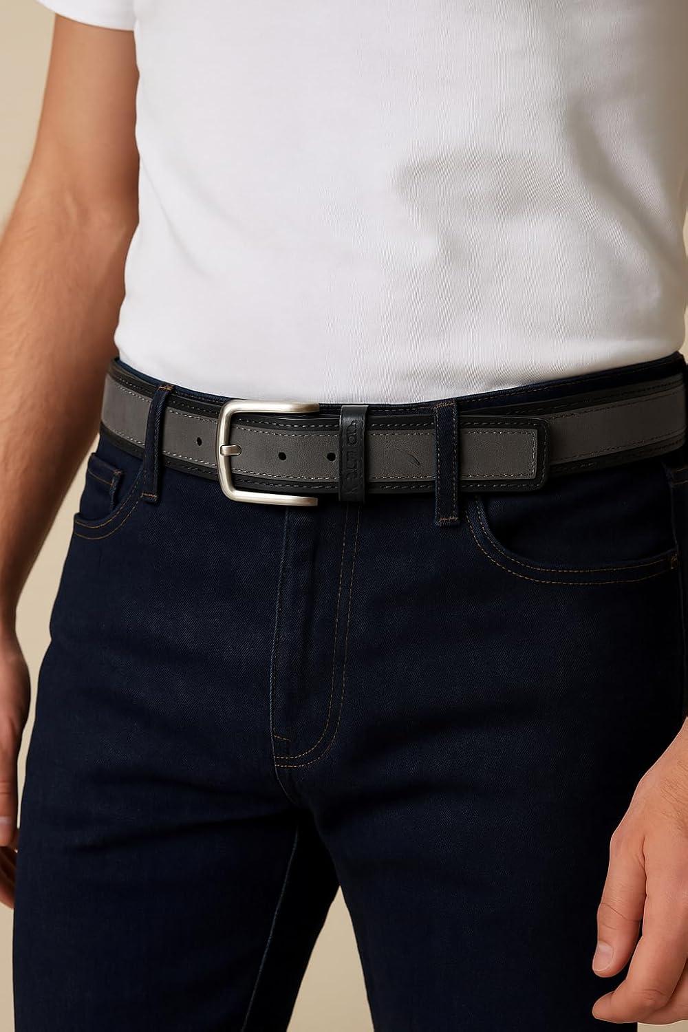 imageNautica Mens Casual Leather Belt Everyday Classic Pants Jeans Khakis Chinos Metal BuckleCasual Overlay Grey