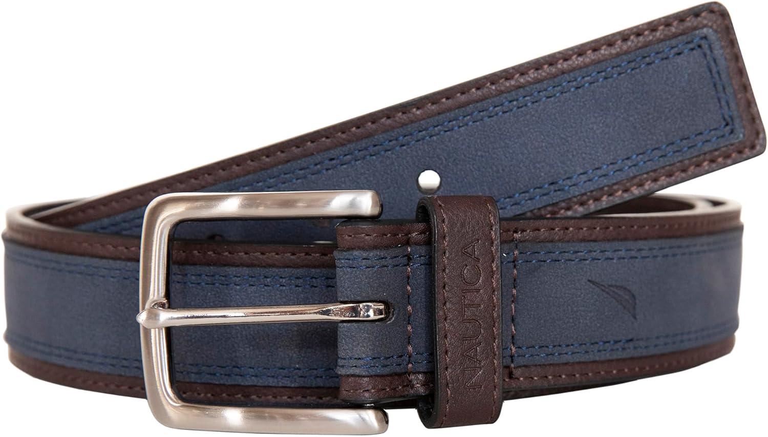 imageNautica Mens Casual Leather Belt Everyday Classic Pants Jeans Khakis Chinos Metal BuckleCasual Overlay Navy