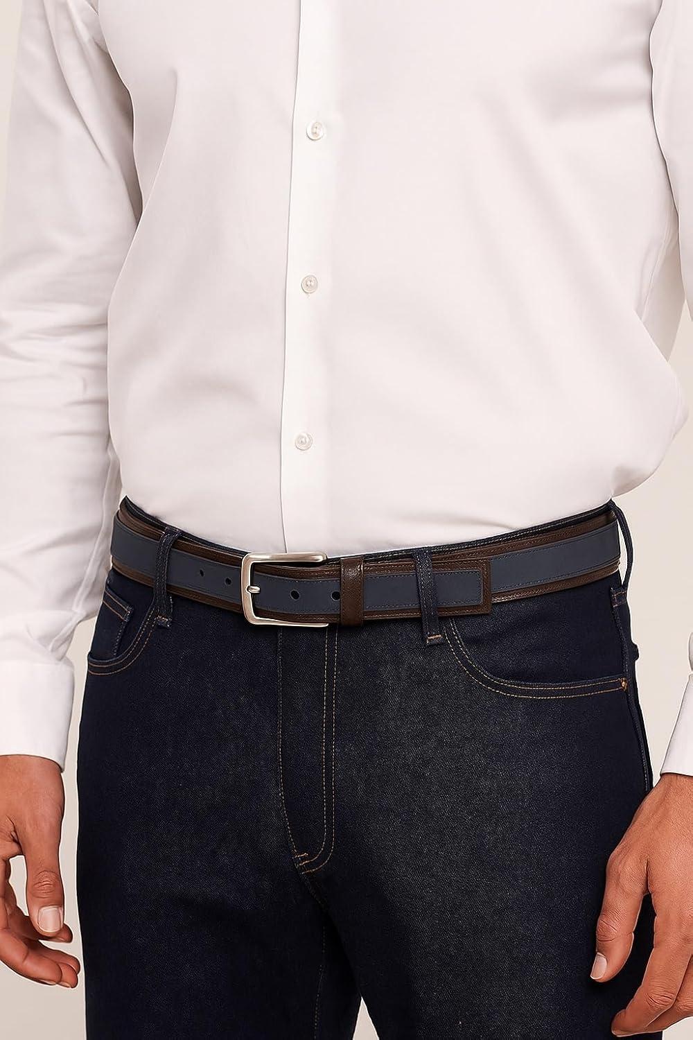 imageNautica Mens Casual Leather Belt Everyday Classic Pants Jeans Khakis Chinos Metal BuckleCasual Overlay Navy