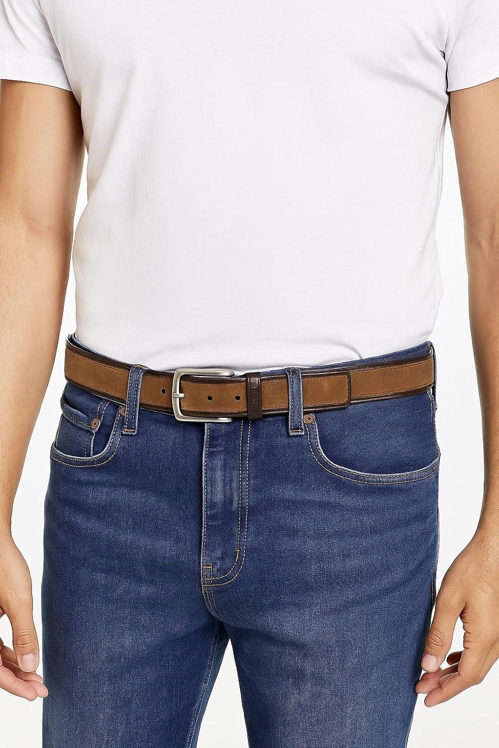 imageNautica Mens Casual Leather Belt Everyday Classic Pants Jeans Khakis Chinos Metal BuckleCasual Overlay Tan