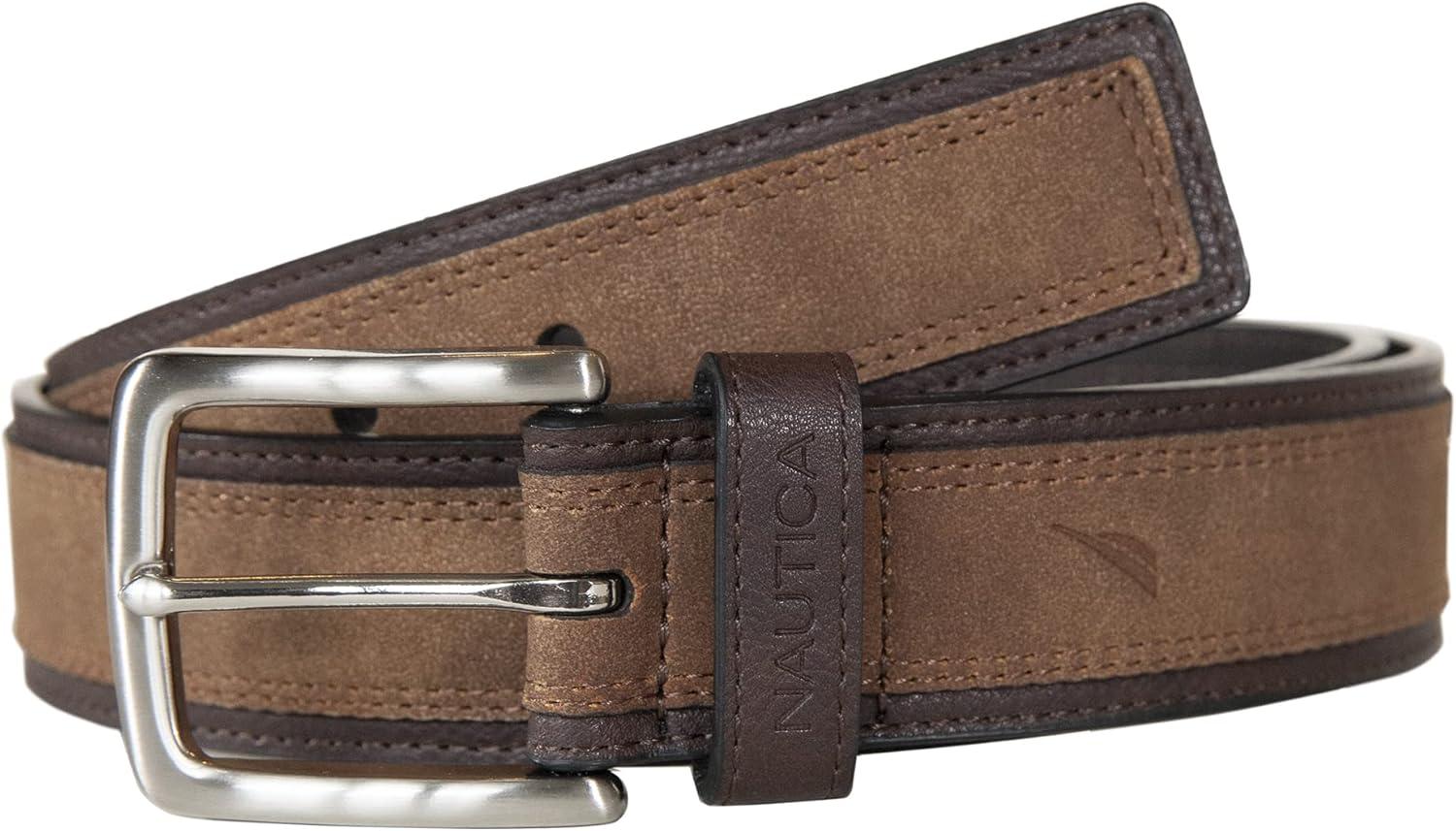 imageNautica Mens Casual Leather Belt Everyday Classic Pants Jeans Khakis Chinos Metal BuckleCasual Overlay Tan