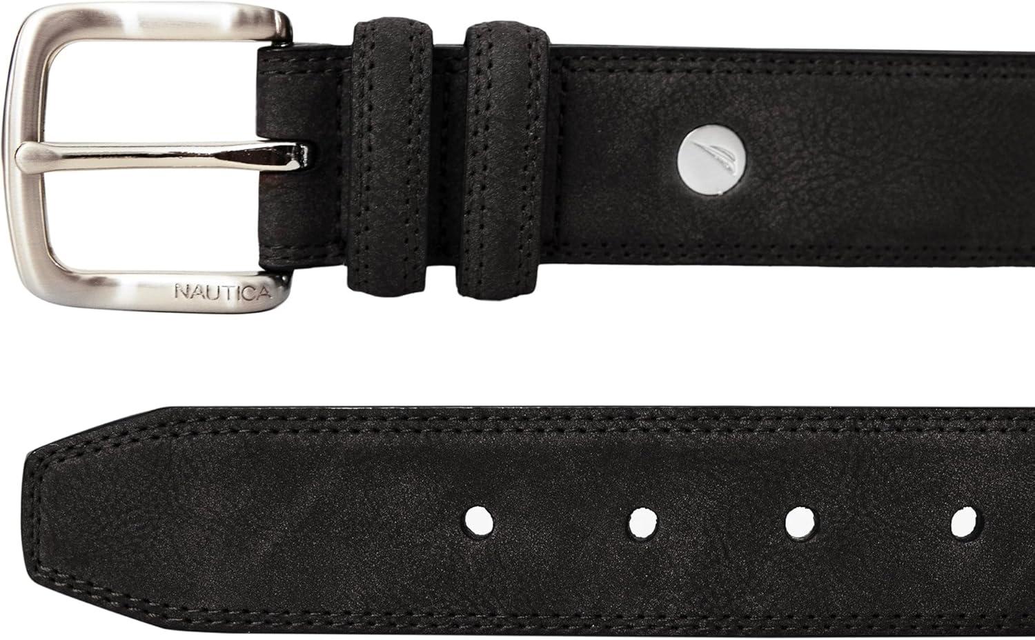 imageNautica Mens Casual Leather Belt Everyday Classic Pants Jeans Khakis Chinos Metal BuckleCasual Padded Black