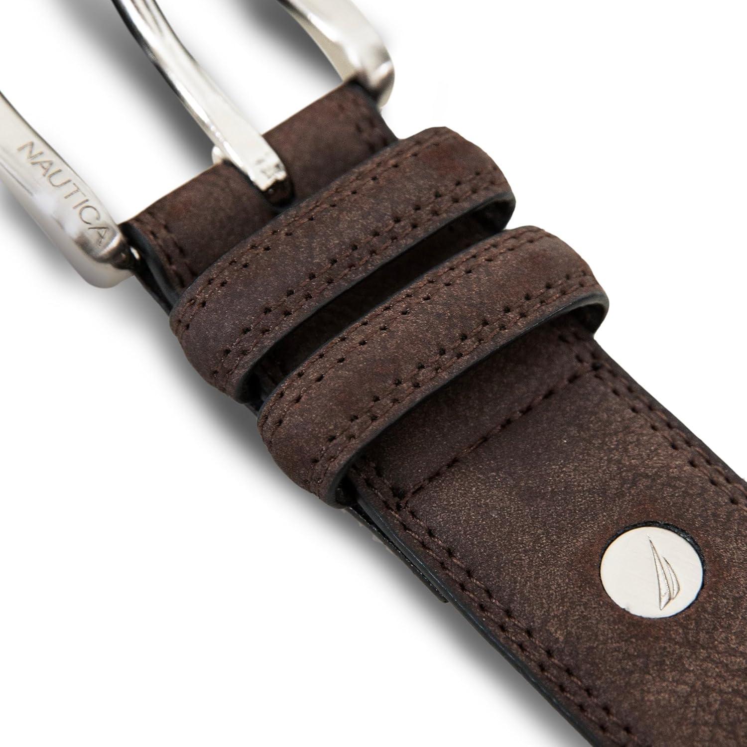 imageNautica Mens Casual Leather Belt Everyday Classic Pants Jeans Khakis Chinos Metal BuckleCasual Padded Brown