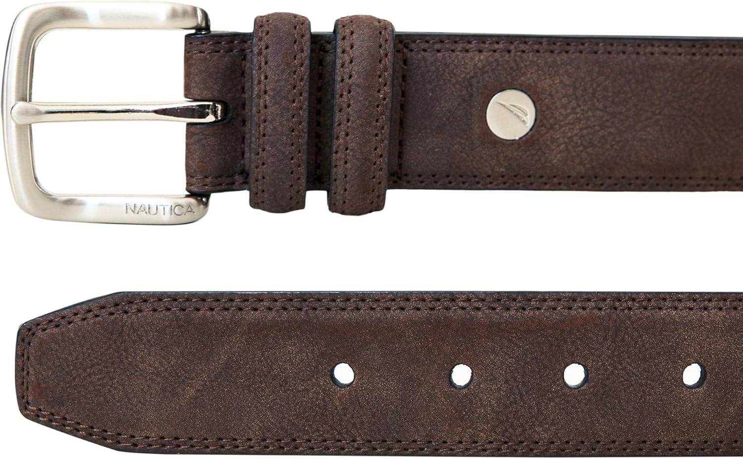 imageNautica Mens Casual Leather Belt Everyday Classic Pants Jeans Khakis Chinos Metal BuckleCasual Padded Brown