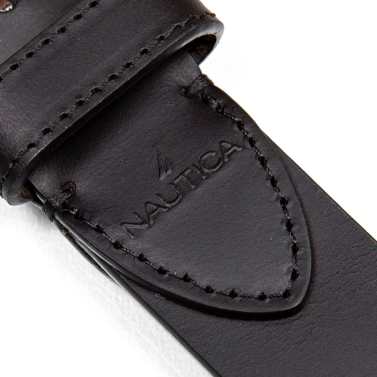 imageNautica Mens Casual Leather Belt Everyday Classic Pants Jeans Khakis Chinos Metal BuckleDebossed Logo Black