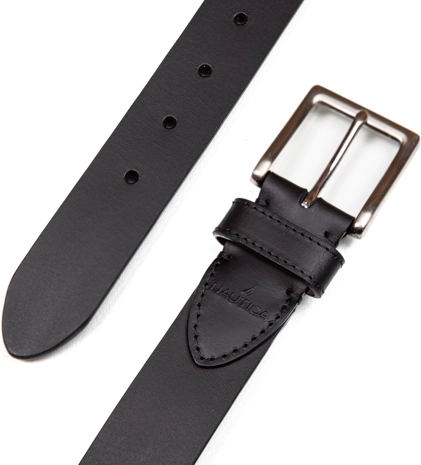 imageNautica Mens Casual Leather Belt Everyday Classic Pants Jeans Khakis Chinos Metal BuckleDebossed Logo Black