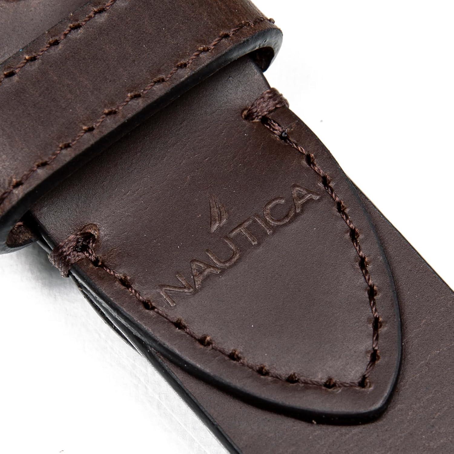 imageNautica Mens Casual Leather Belt Everyday Classic Pants Jeans Khakis Chinos Metal BuckleDebossed Logo Brown