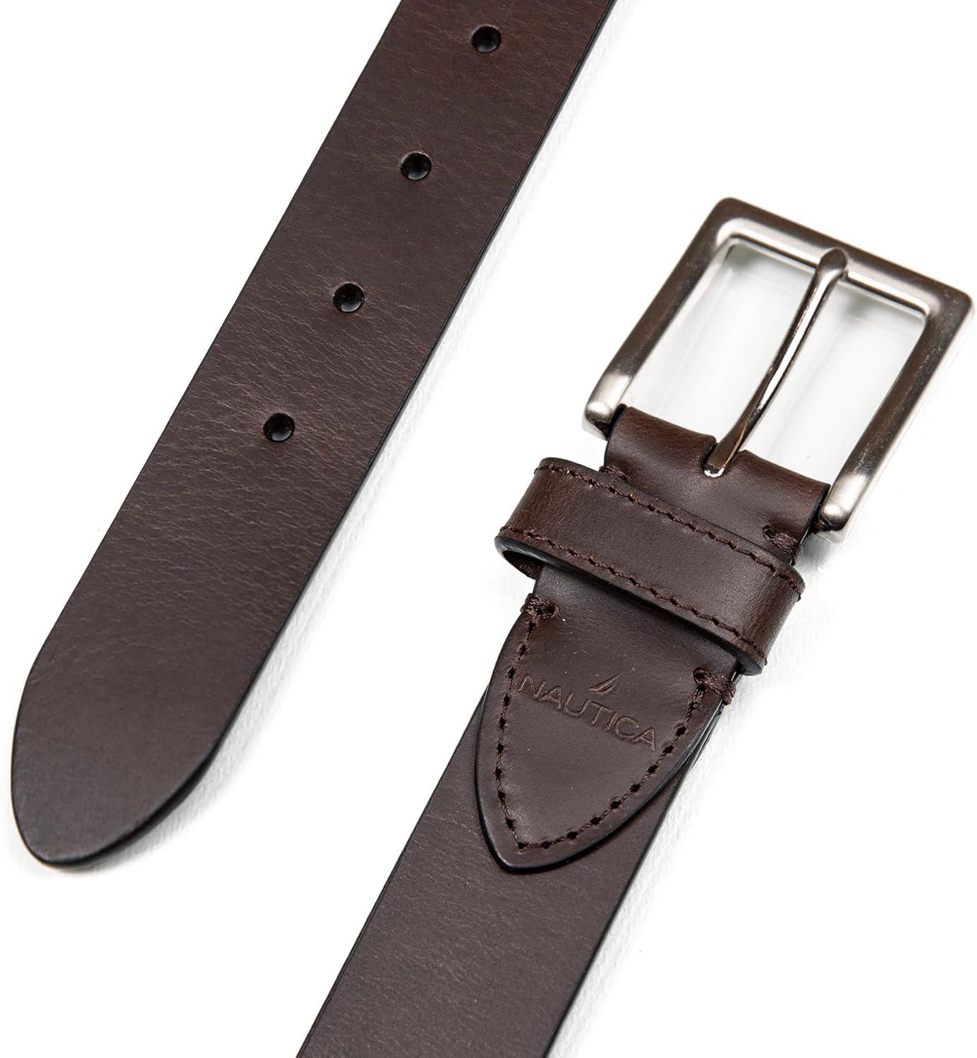 imageNautica Mens Casual Leather Belt Everyday Classic Pants Jeans Khakis Chinos Metal BuckleDebossed Logo Brown