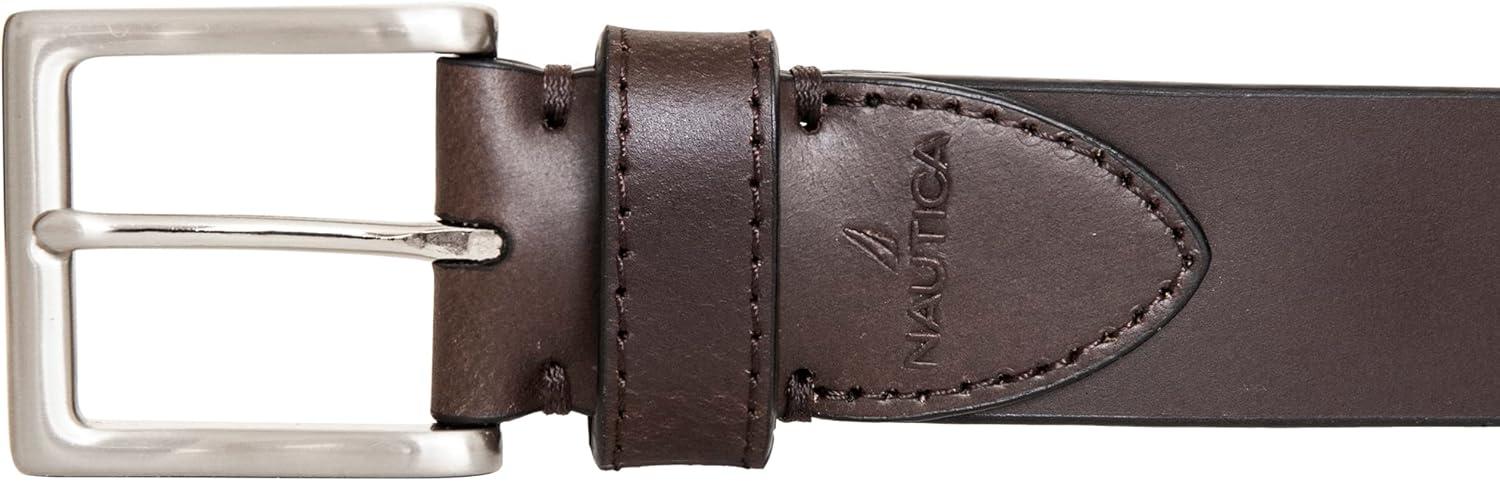 imageNautica Mens Casual Leather Belt Everyday Classic Pants Jeans Khakis Chinos Metal BuckleDebossed Logo Brown
